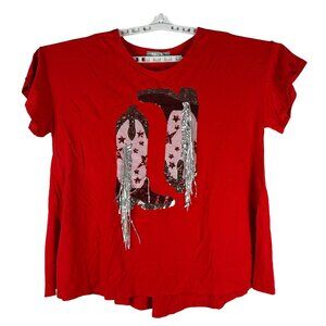 Blue B Collection Red Sequin Cowboy Boots Graphic Tee Shirt Size S Womens